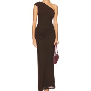 Superdown One-Shoulder Chocolate Maxi Dress
